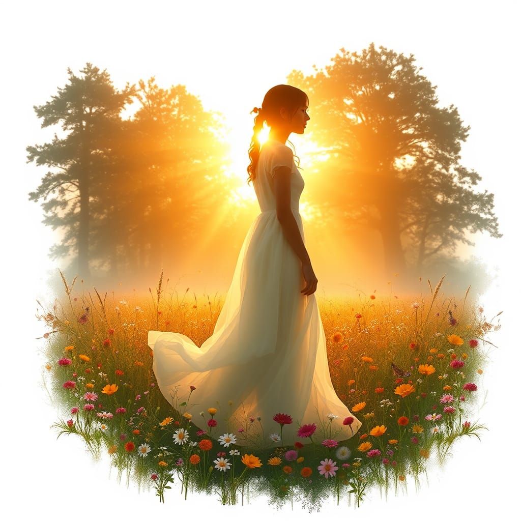 Sunset Forest Woman Silhouette in Fantasy Meadow