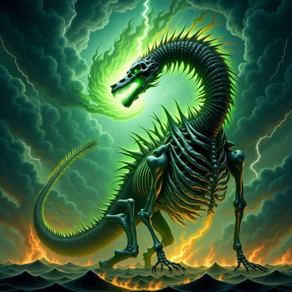 Dragon Skeleton Emerges from Green Fire, Digital Art