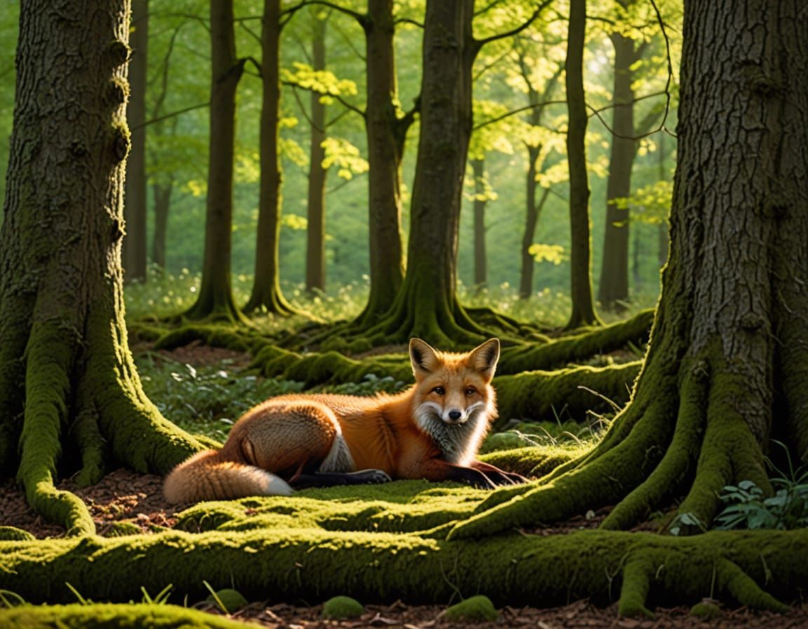 Fox Curled Asleep in Sunlit Forest Clearing