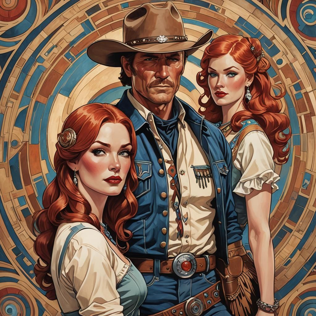 Cowboy and Pinup Girl with Spirits in Art Deco