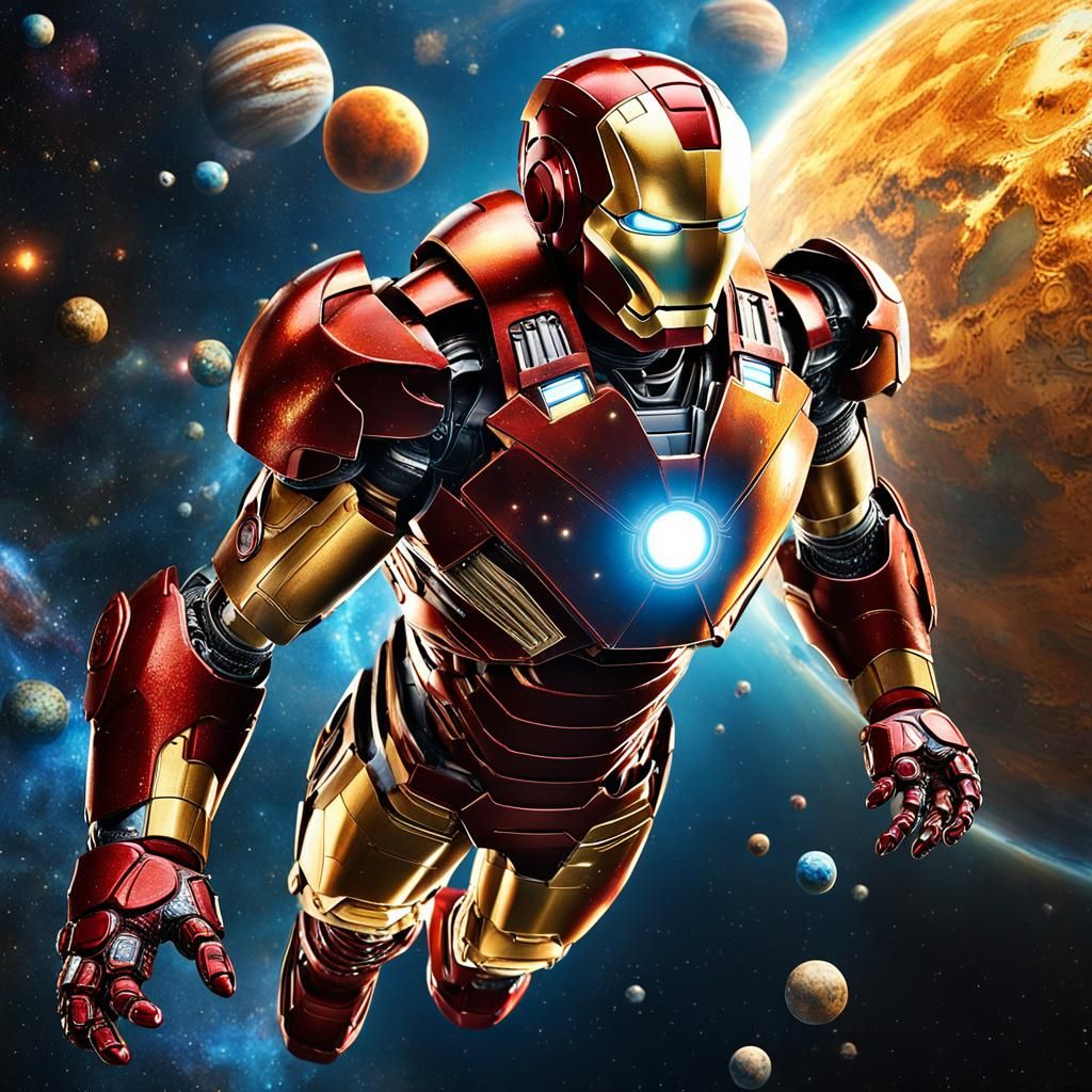 Iron Man in Space with Battered Armor