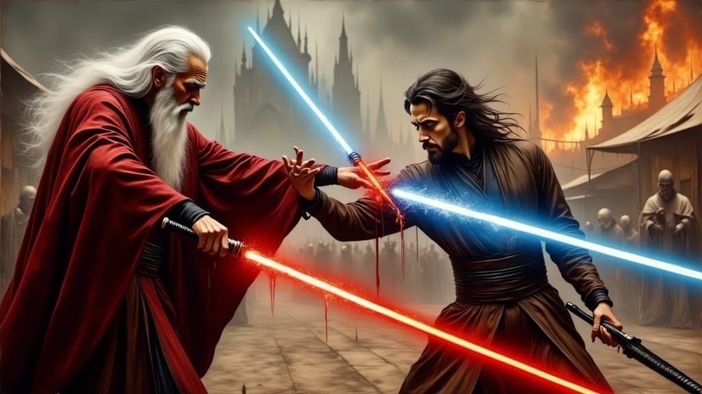 Count Dooku in Guard Stance, Lightsabers Clashing in Intense...