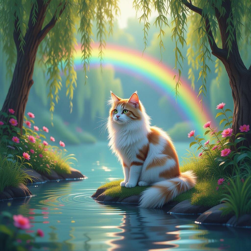 Rainbow Cat at Heart Pond: Hyperrealistic Art