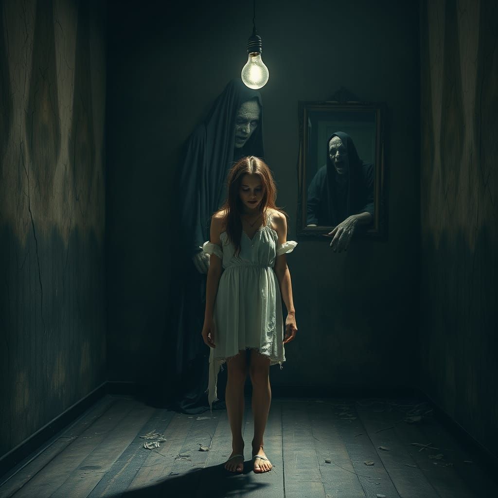 Distressed Young Woman in Abandoned Room, Frozen in Terror