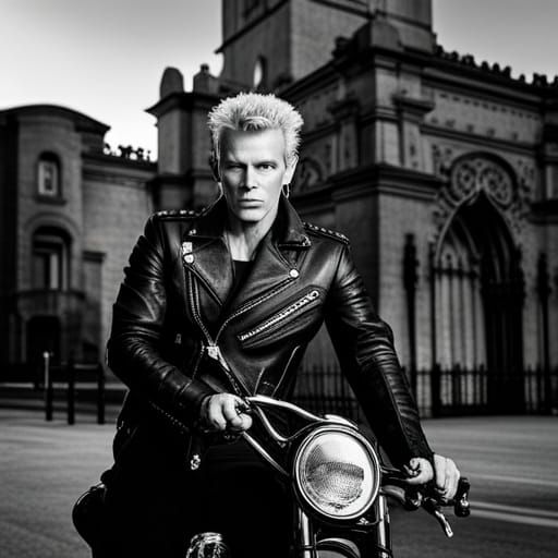 Motorcycle Rider at Gothic Estate: Silver Nitrate Photo