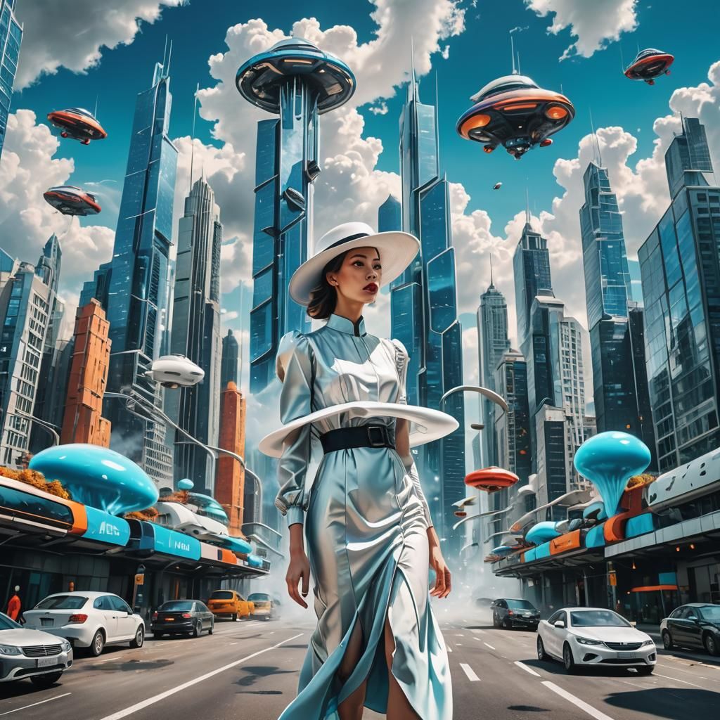 Futuristic Surrealist Cityscape Inspired by Oil Painting