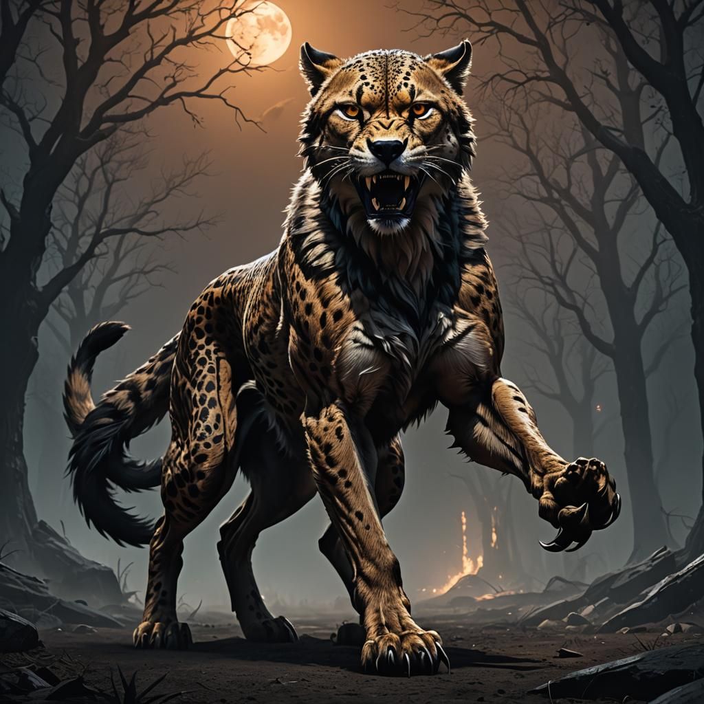 Menacing Cheetah-Wolf Hybrid in Dark Fantasy Art