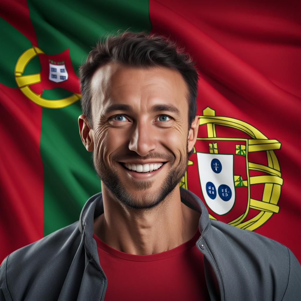 Smiling Man Near Portugal Flag in Photorealistic Style