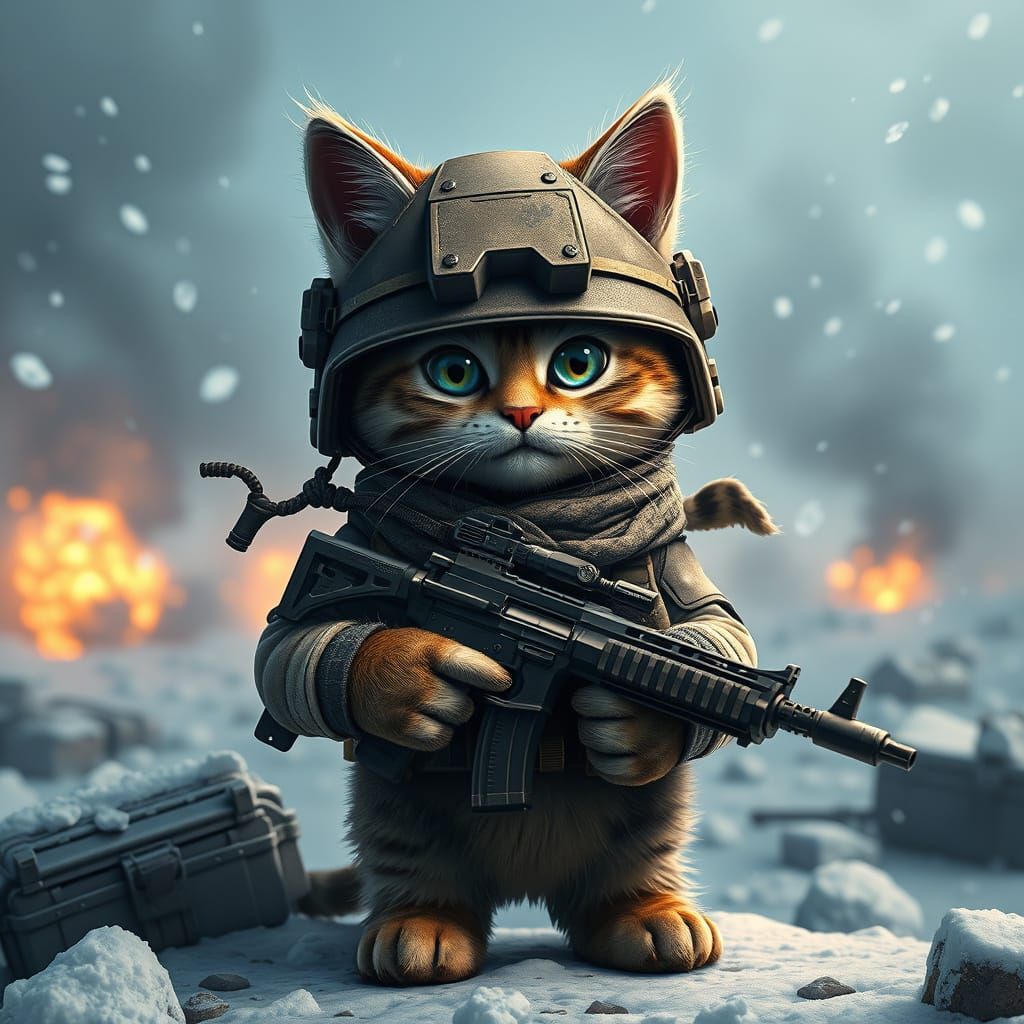 Fierce Feline Warrior in Snowy Battle Scene