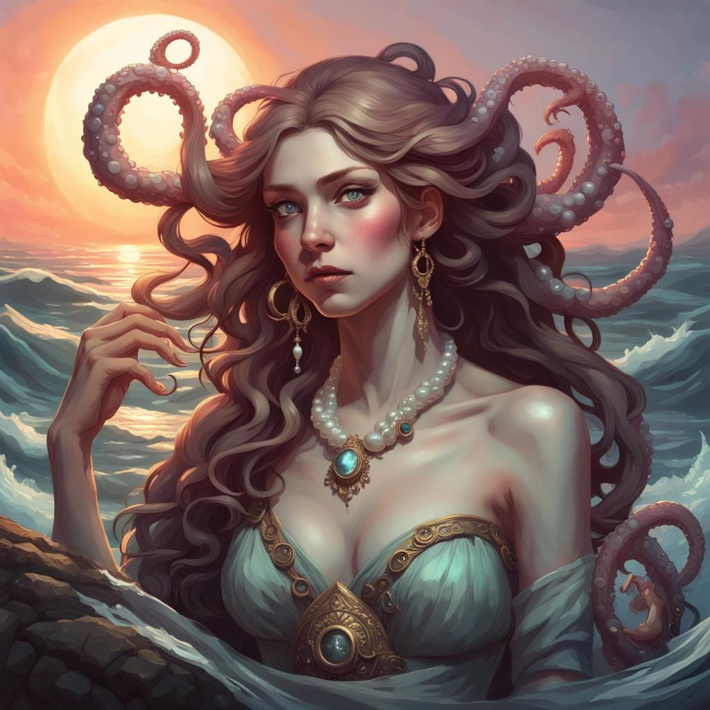 Kraken Girl with Mirror, Pre-Raphaelite Style