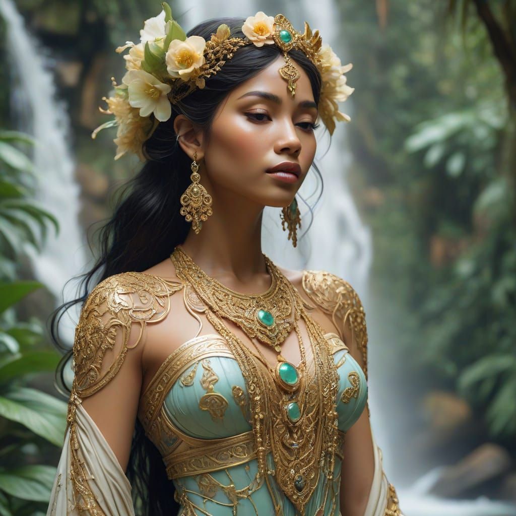 Indonesian Goddess Emerging from Waterfall in Art Nouveau St...