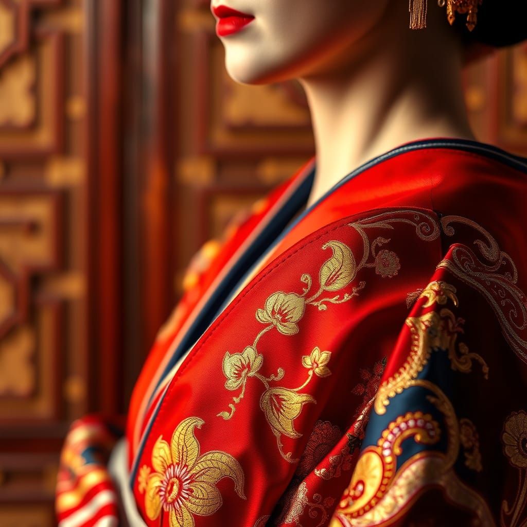 Geisha in Opulent Embroidery: Photo in Studio Lighting