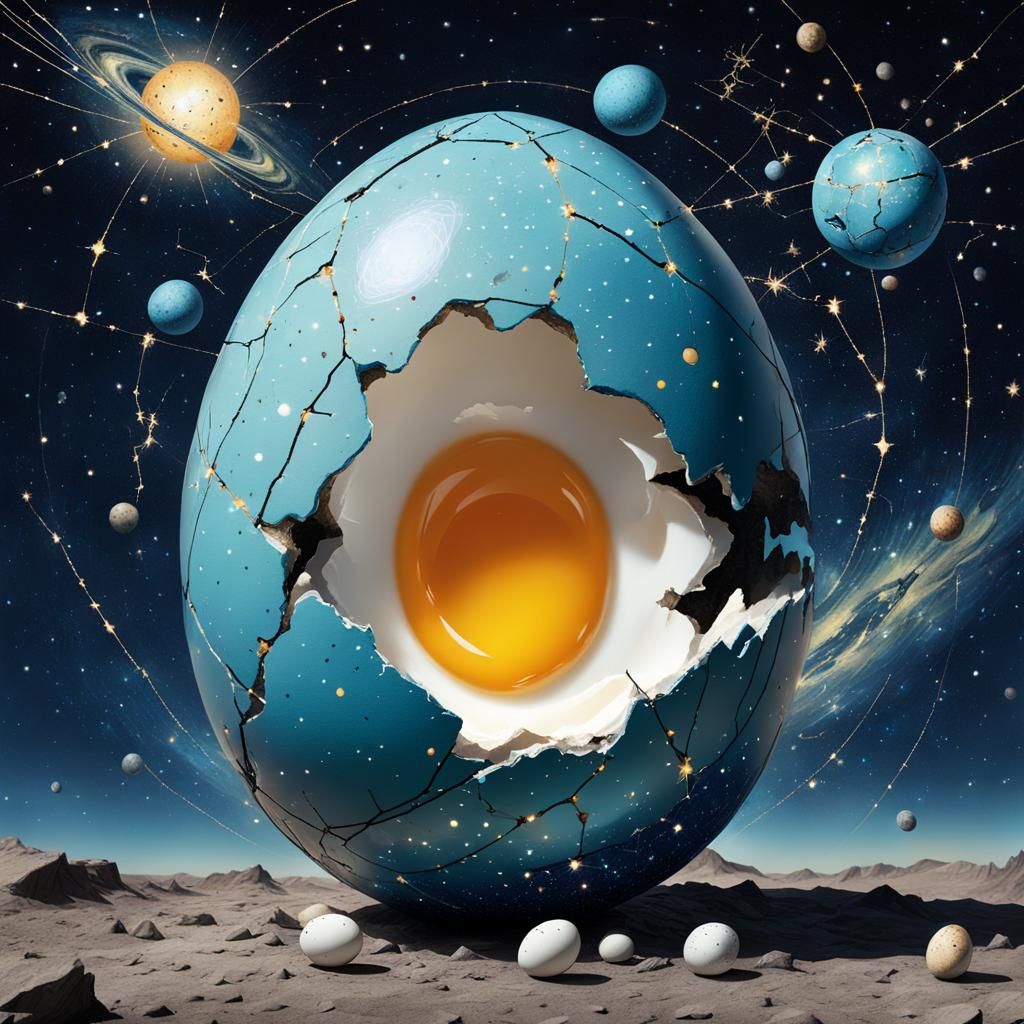 Cracked Egg Hatches Universe in Surrealist Style