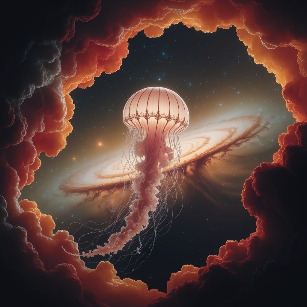 Luminous Jellyfish in Celestial Art Nouveau Nebula