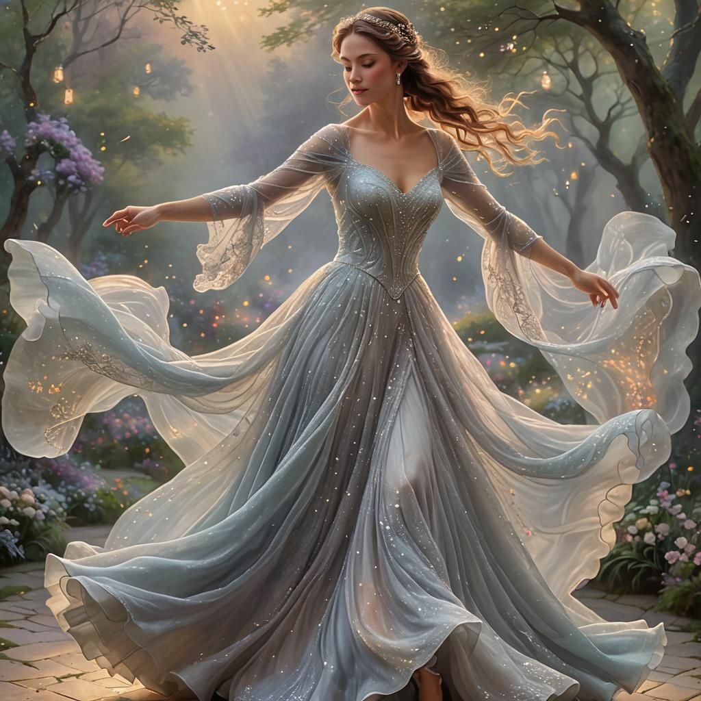 Ethereal Dancer in Silver Mist: Dreamlike Art