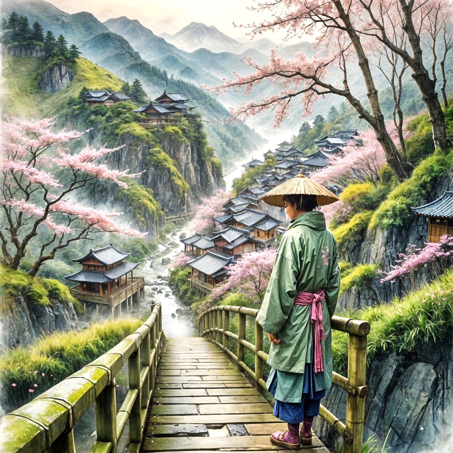 Misty Mountain Village Cherry Blossoms in Japanese Watercolo...