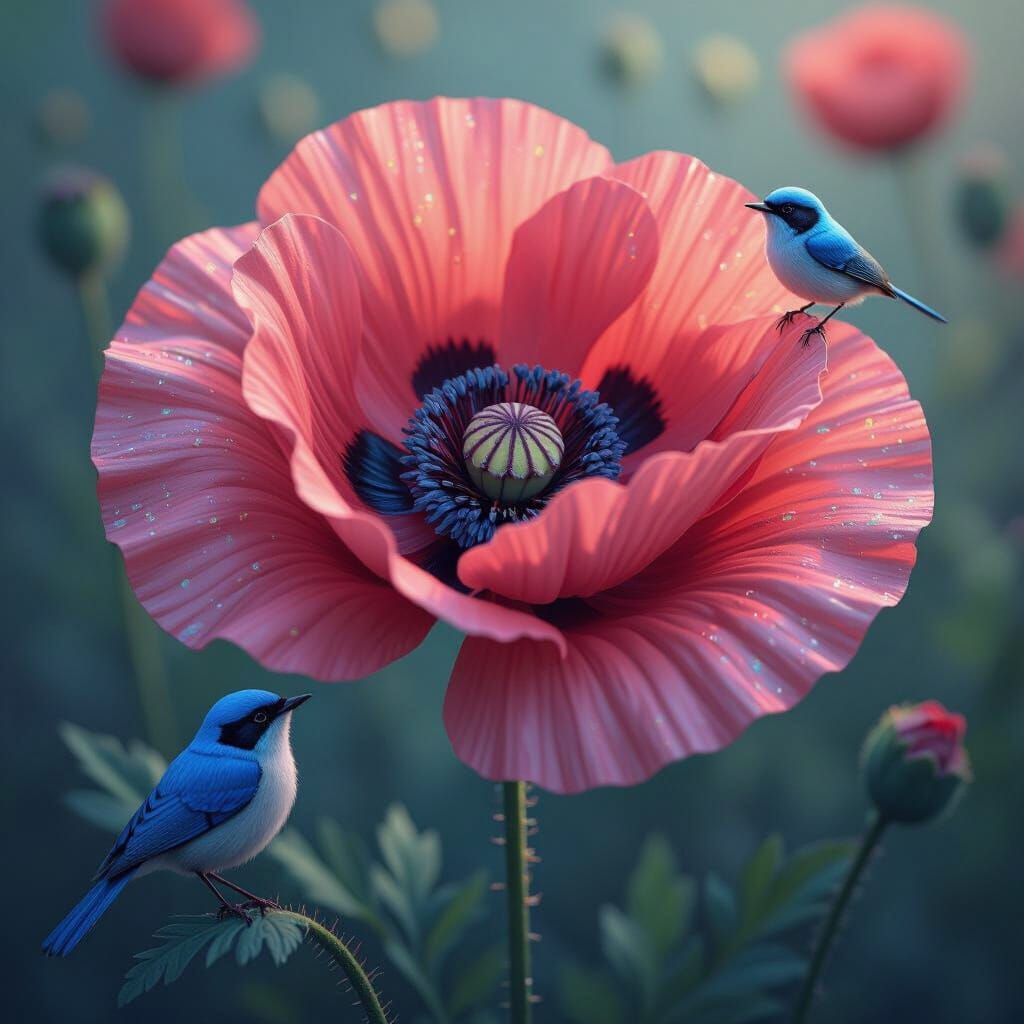 Majestic Poppy with Blue Wren, Fantasy Concept Art