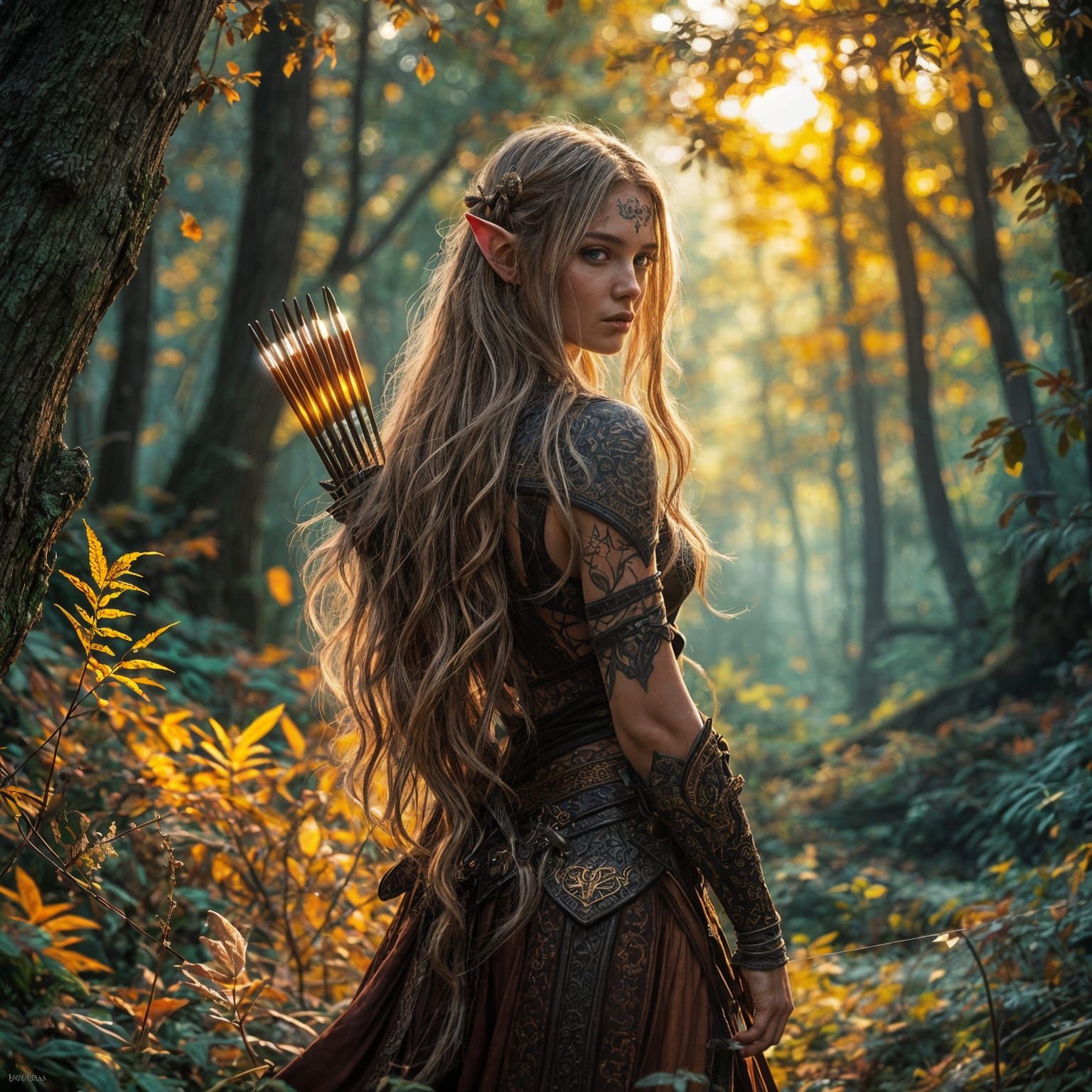Seductive Elf Maiden in Woodland Realm with Tattoos and Bow