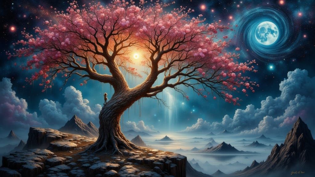 Ancient Bioluminescent Tree in Surreal Void