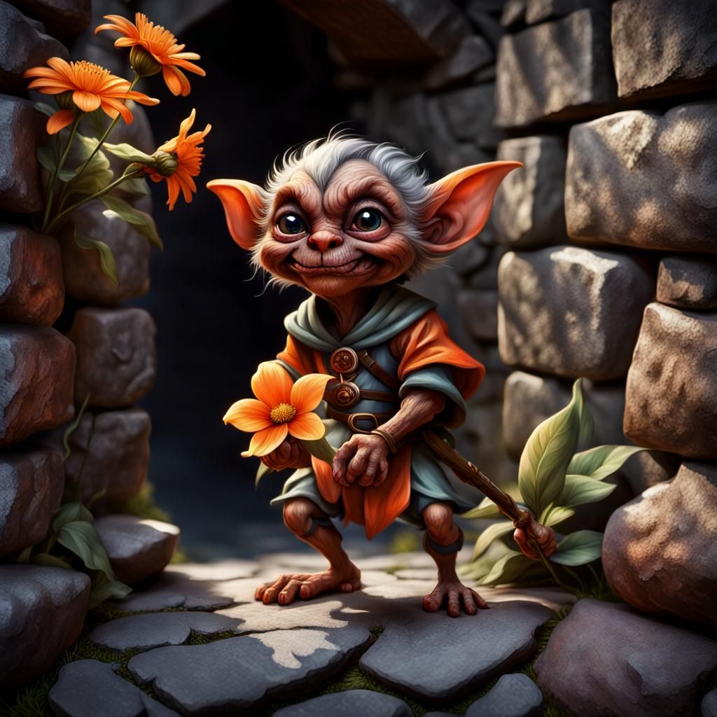 Mischievous Hobgoblin with Flower: Digital Matte Painting