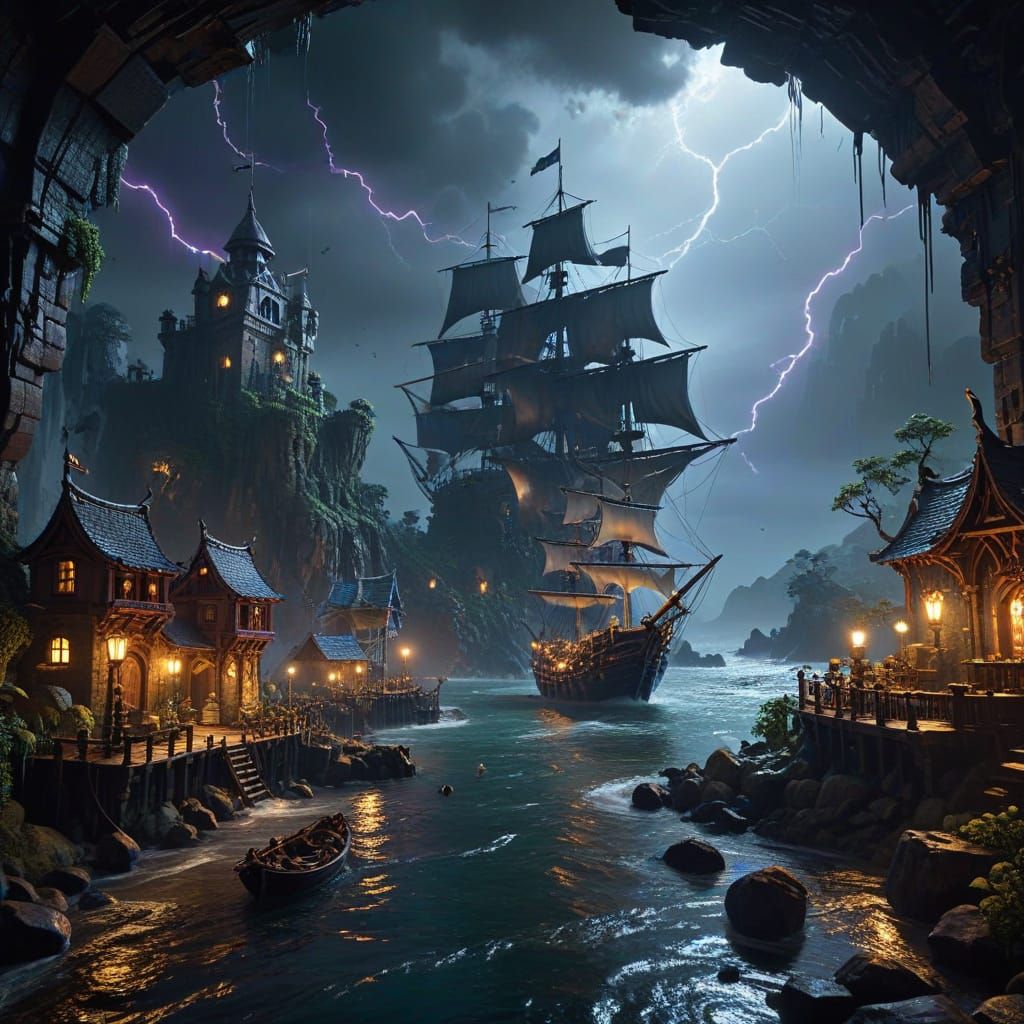 Epic Lego Pirate Village Under Thunderstorm Skies