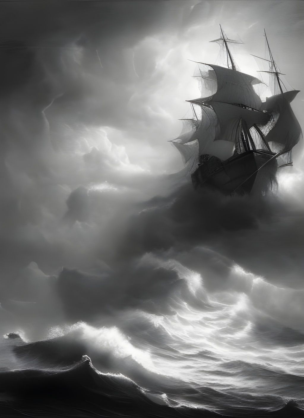 Ship in Stormy Sea: Dramatic Charcoal Drawing
