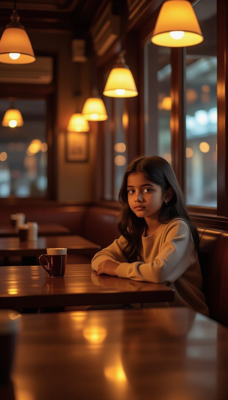 Indian Girl in Cozy Cafe, Warm Cinematic Lighting
