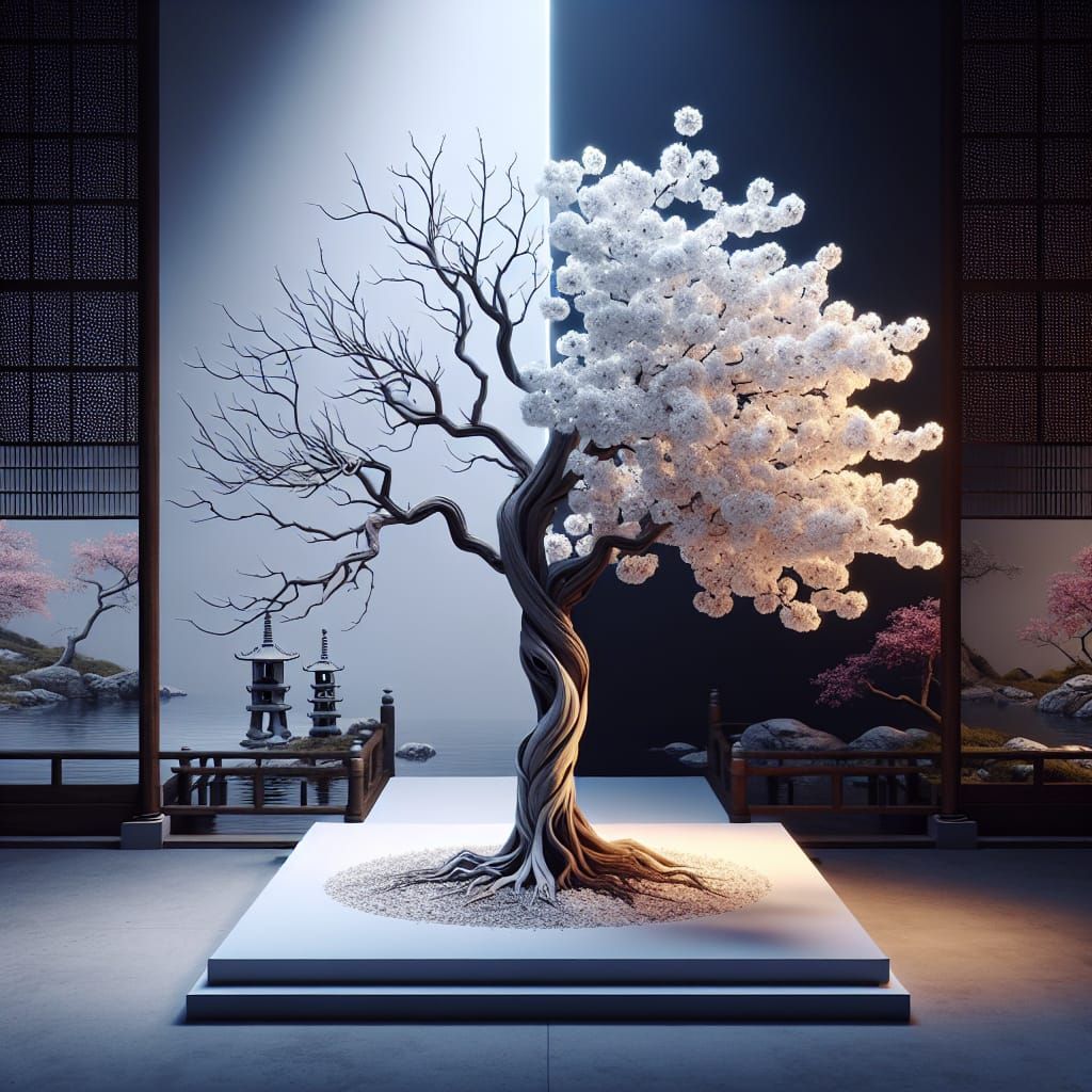 A Cherry Blossom Tree in Asian Aesthetic with Contrasting Br...