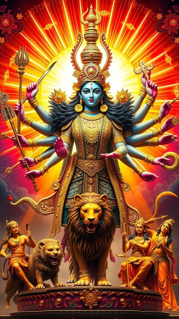 Divine Goddess Durga Radiates Energy in Vibrant Colors