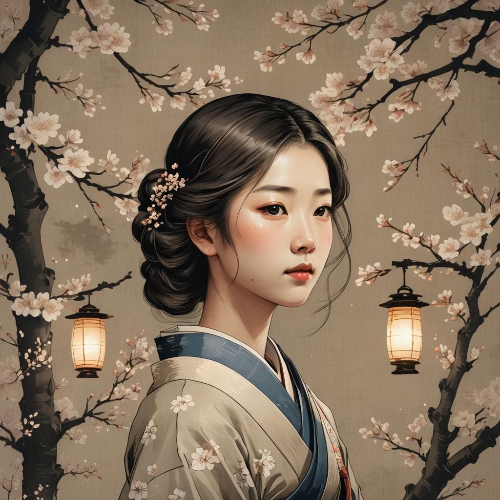 Ukiyo-e Portrait of a Girl with Cherry Blossoms