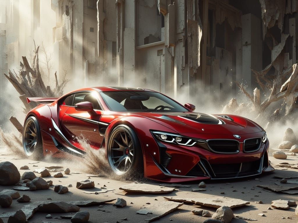 Futuristic Red Muscle Car Leaps from Ruins in High-Tech Acti...