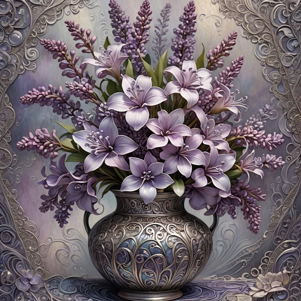 Iridescent Lilac Blooms in Pewter Vase: Digital Art