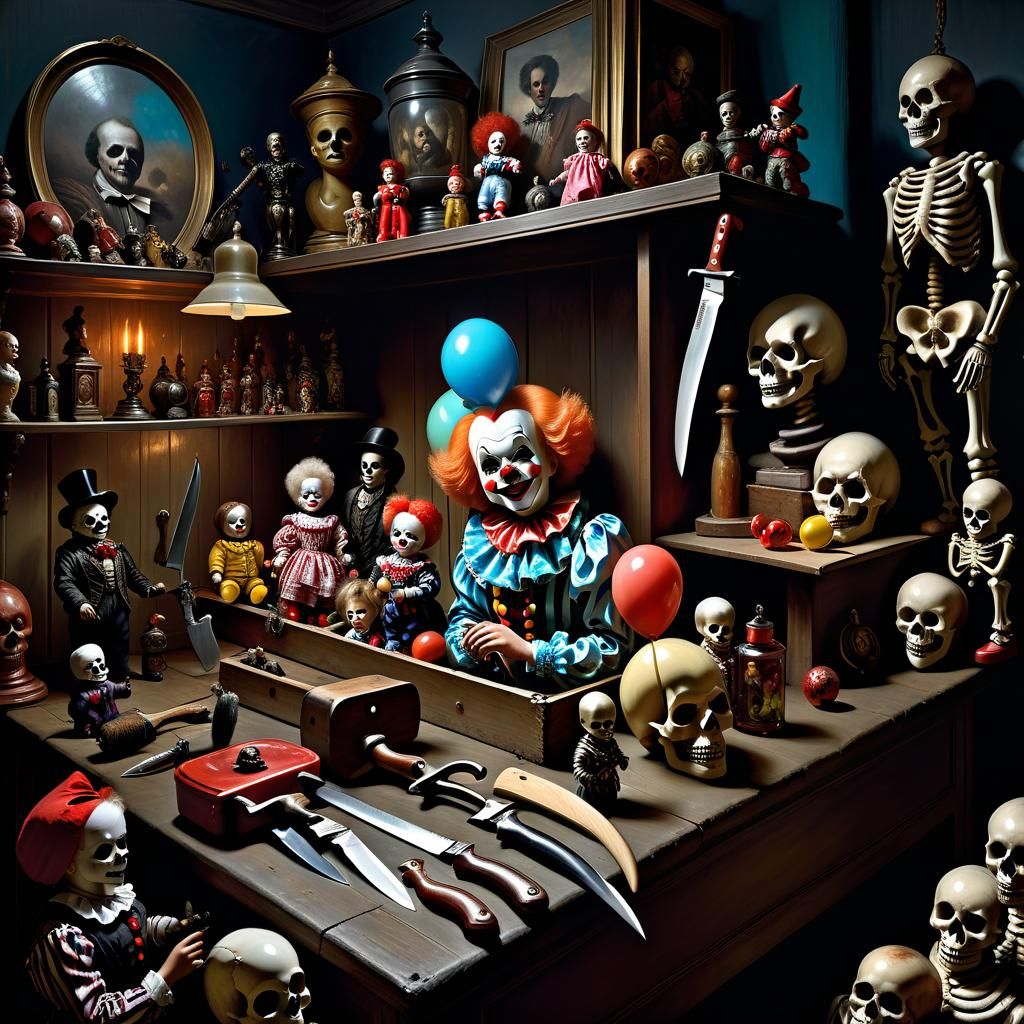 Creepy Toys Illustration with Dramatic Lighting