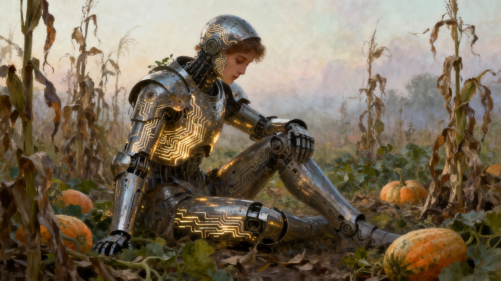 Robotic Warrior Reflects on Forgotten Harvest in Dreamlike D...