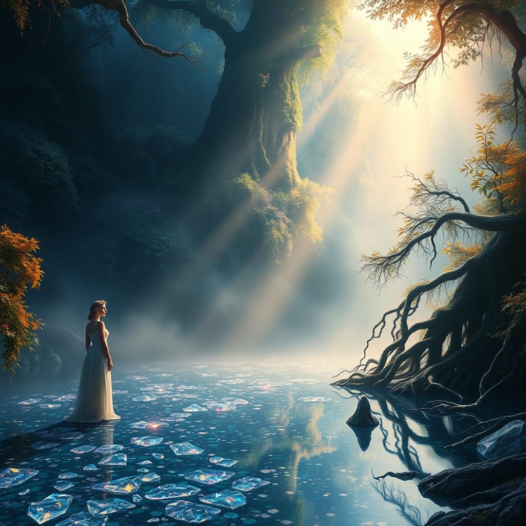 Mystical Woman Reflecting in Iridescent Lake