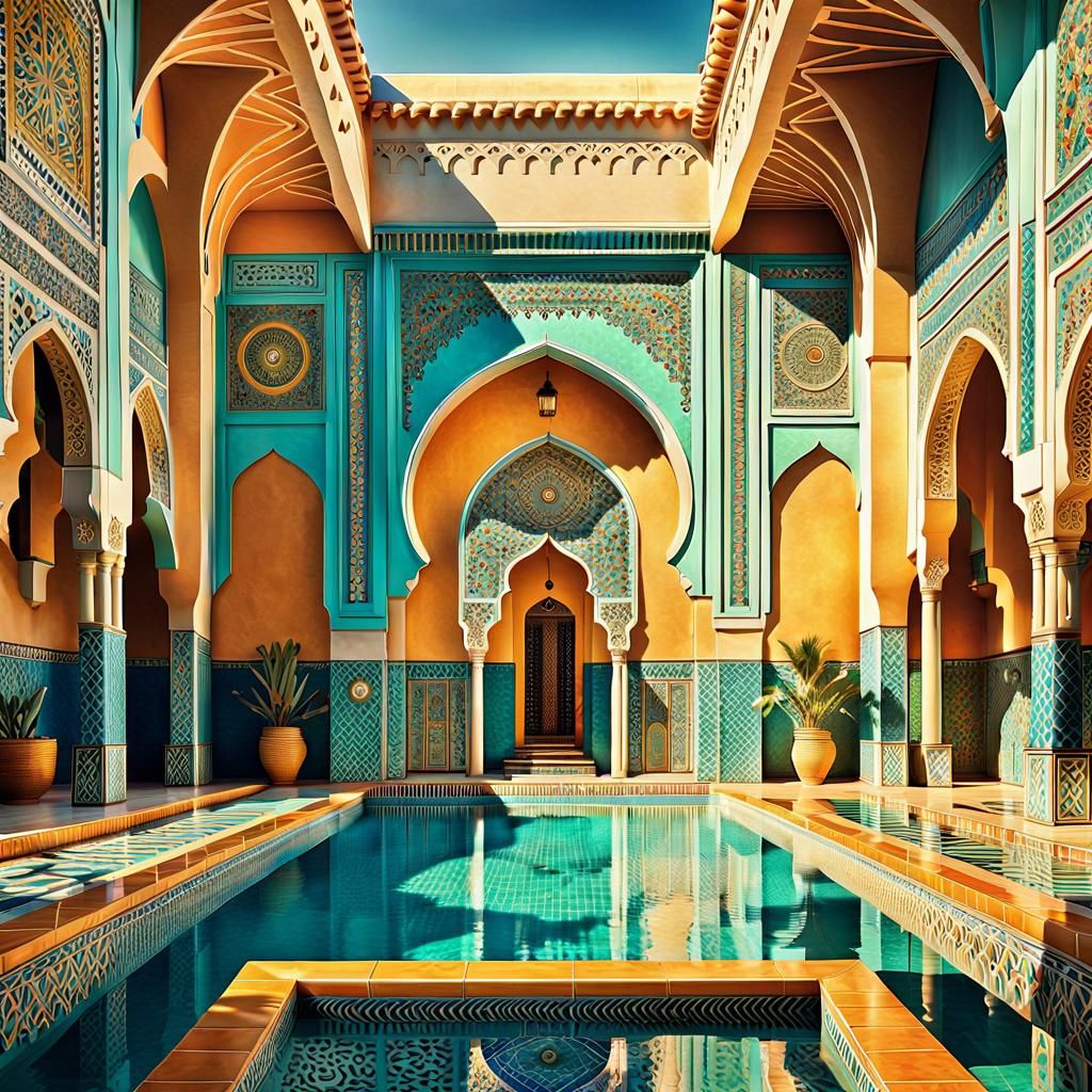 Moroccan Art Deco Pool Scene in Vibrant Digital Art