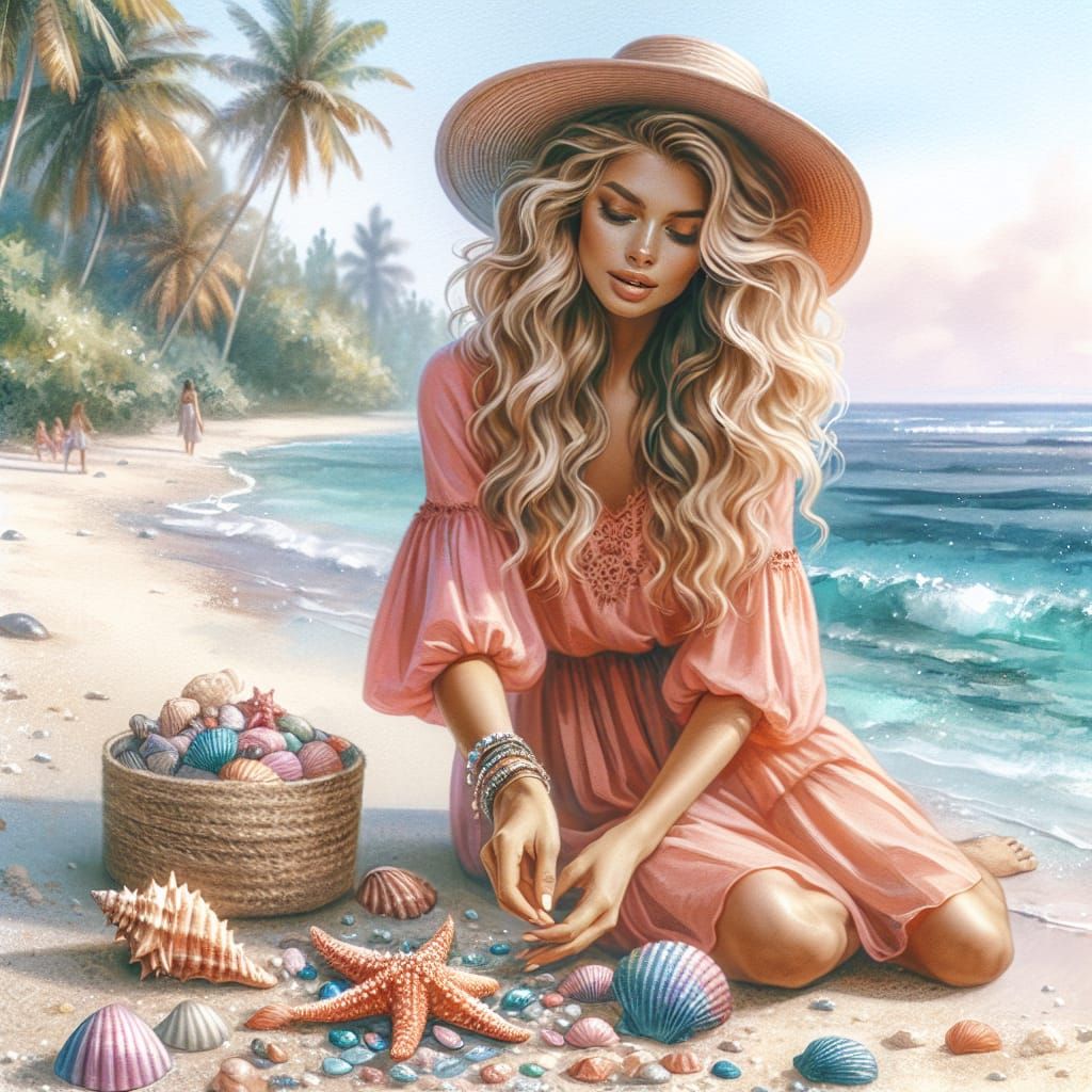 Blonde Woman on Beach with Seashells, Watercolor Style