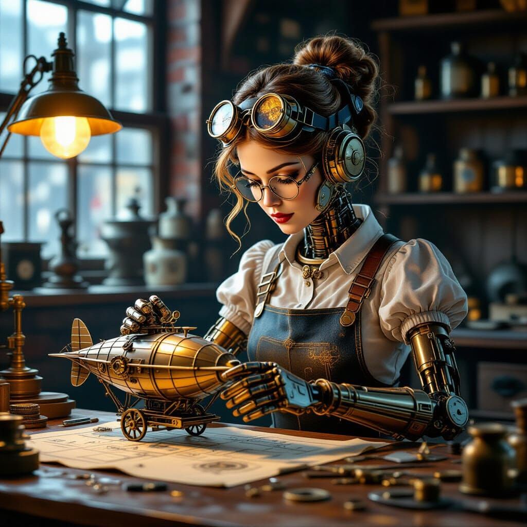 Steampunk Automaton Engineer Assembling Airship