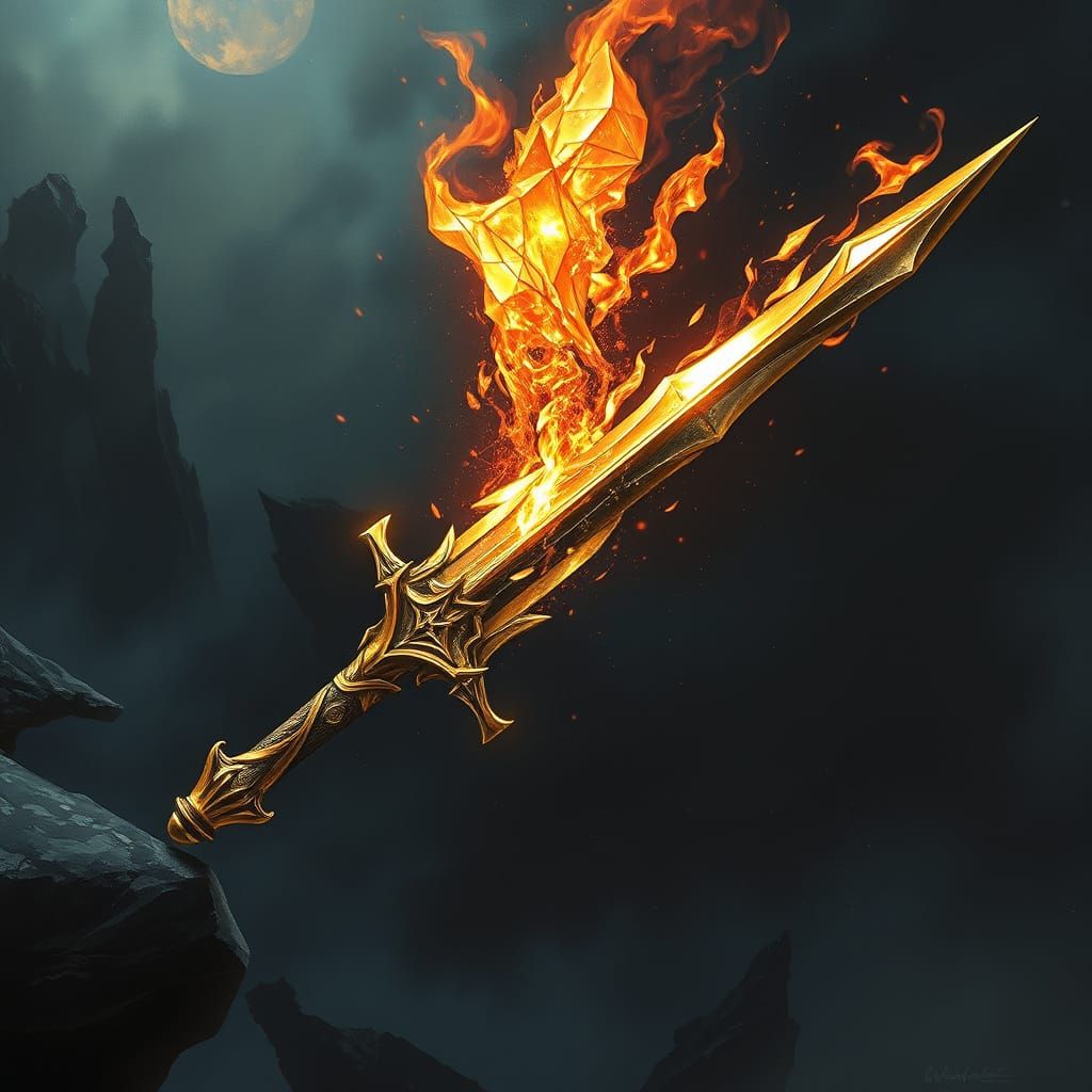 Surreal Cyberpunk Sword Illuminated by Fiery Crystals