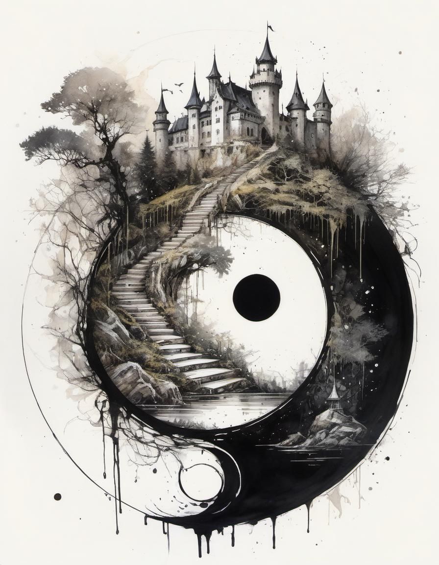 Yin Yang Landscape in Black Ink Style