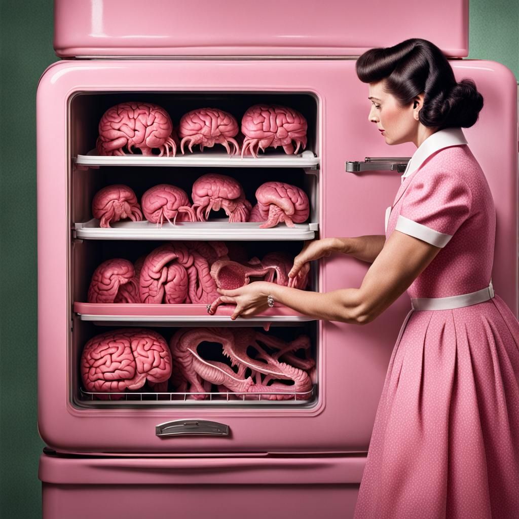 Hyperrealistic 50s Housewife and Grotesque Fridge