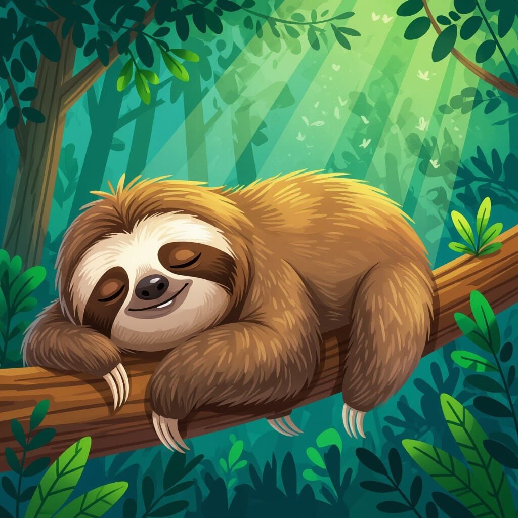 Sloth's Epic Adventure in Vibrant Cartoon Style