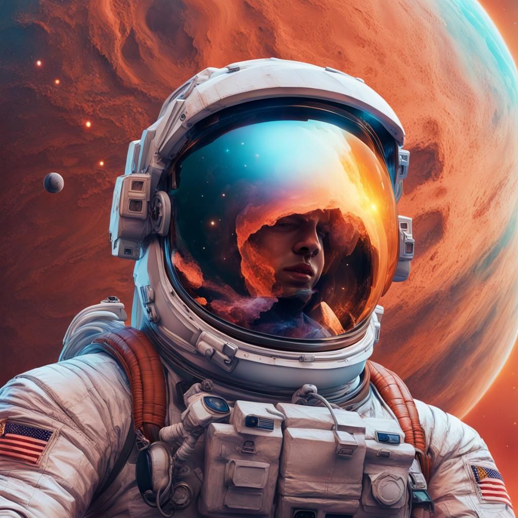 Astronaut on Alien Planet Reflecting Galaxy