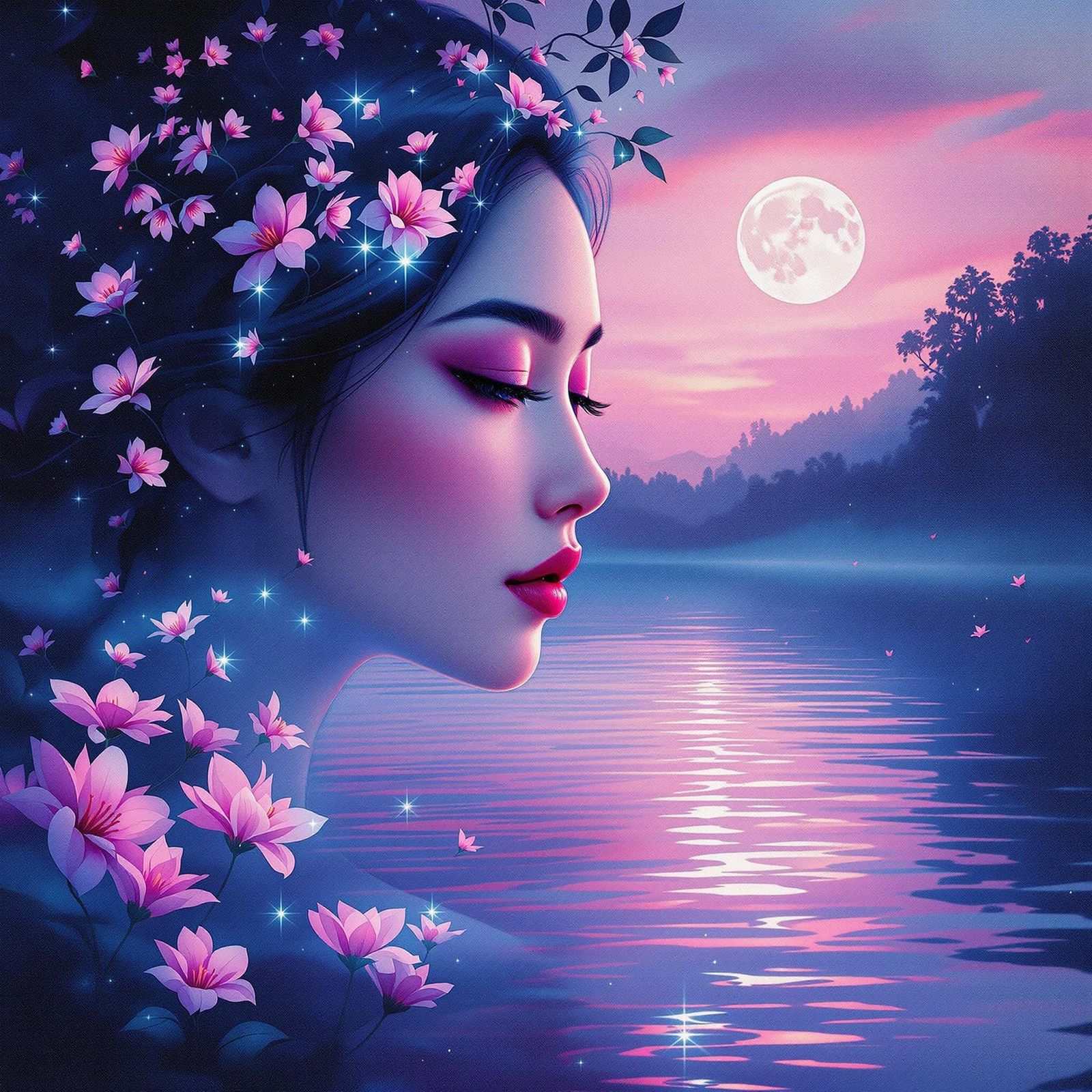 Ethereal Surrealist Scene of Thai Woman and Lake Glade at Tw...