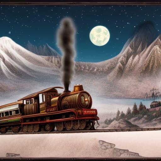 Steampunk Train Through Snowy Mountains at Night