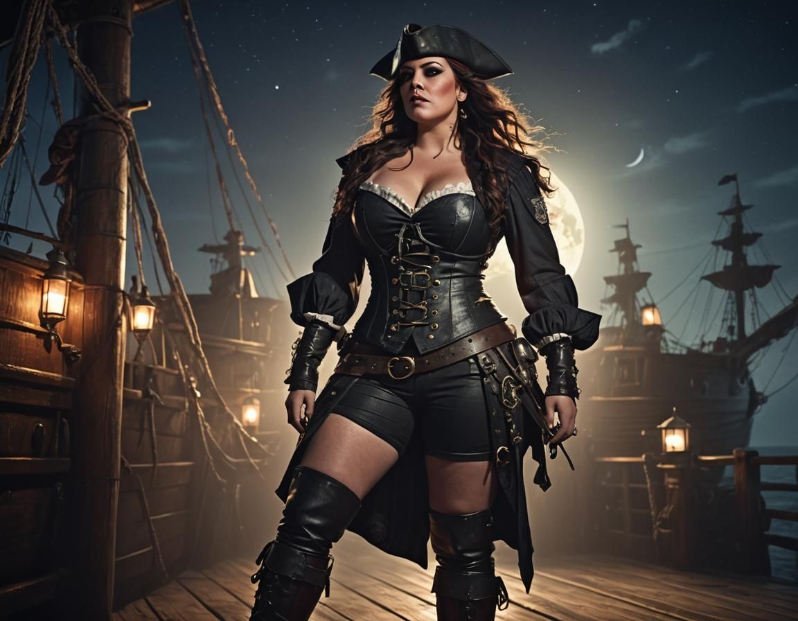 Moonlit Pirate Captain on Deck in Digital Art Style
