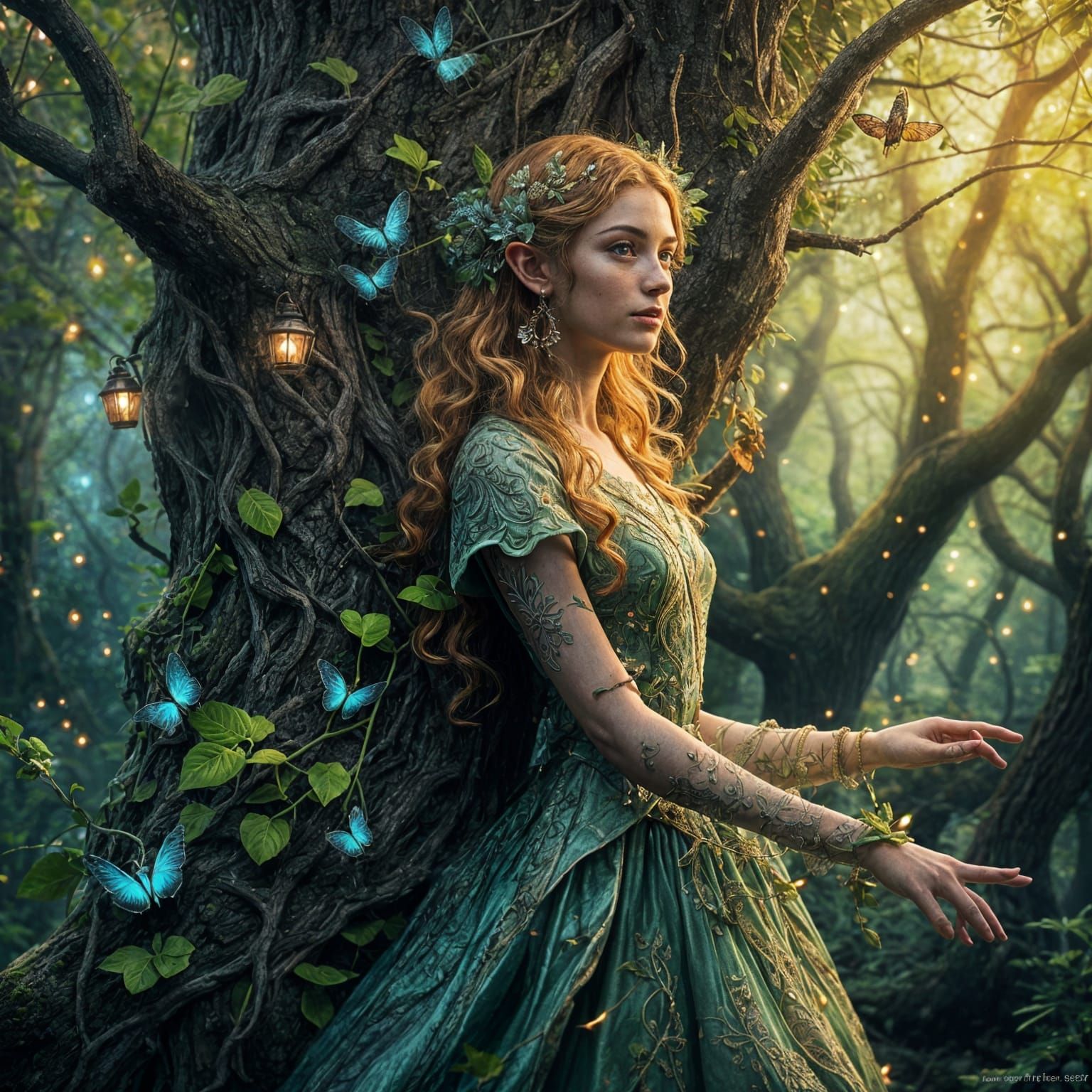 Hyperrealistic Elf Maiden Climbs Tree in Whimsical Forest Gl...