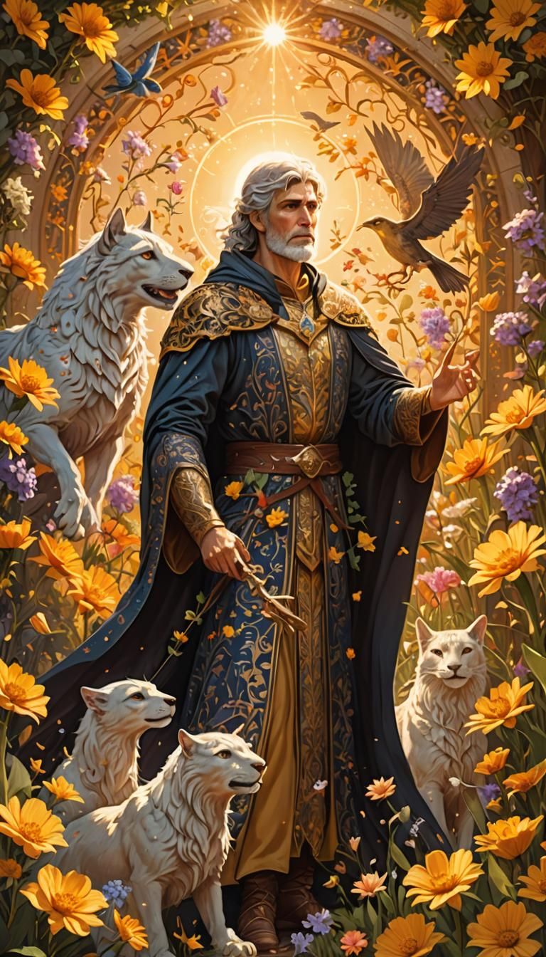 A triumphant Arthur or Merlin, bathed in golden sunlight, su...