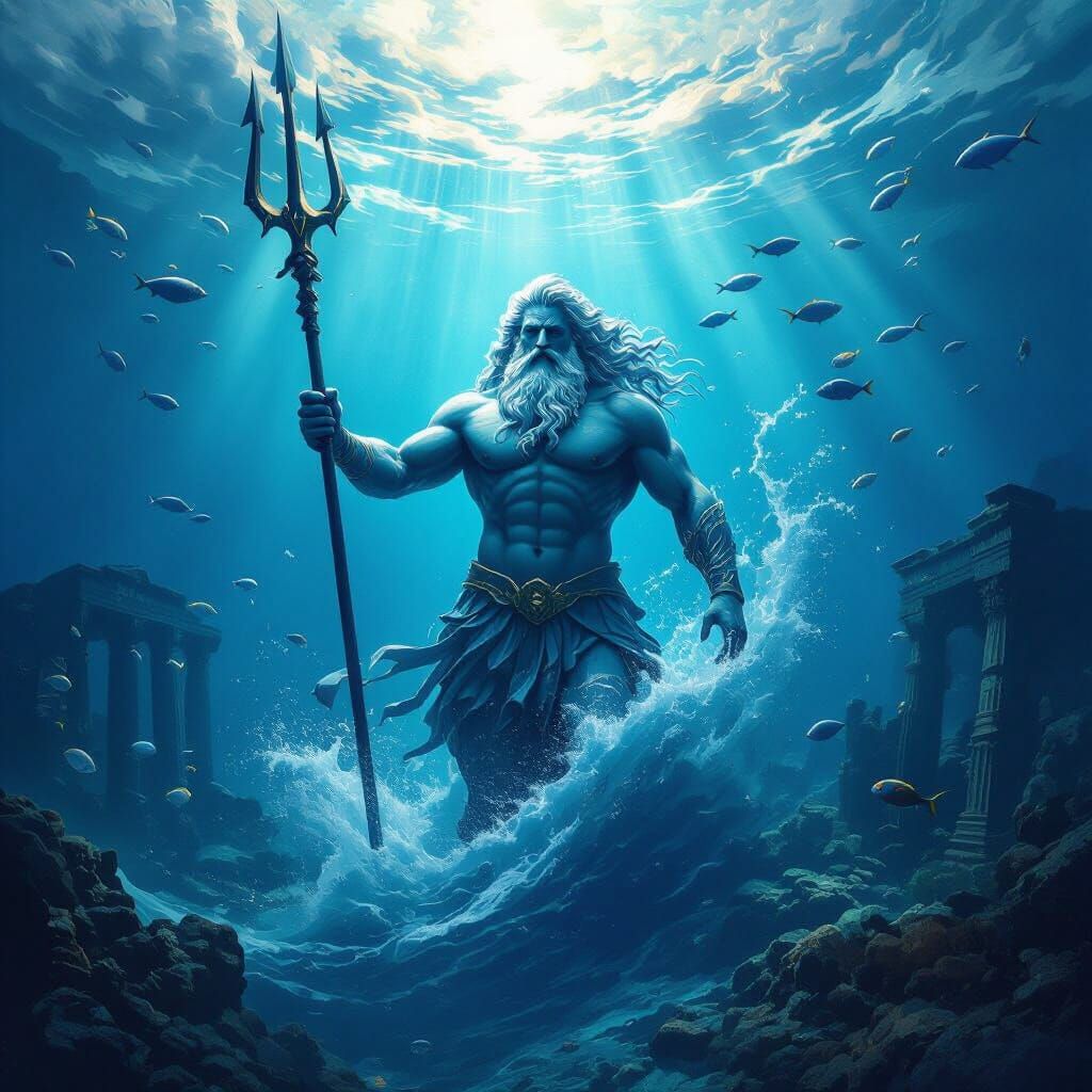 Poseidon, Sea God, Emerges From Deep Blue Ocean