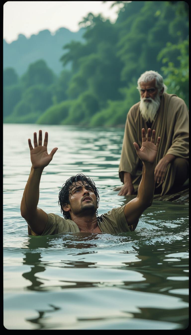 Man Struggles in Water, Cinematic Film Still